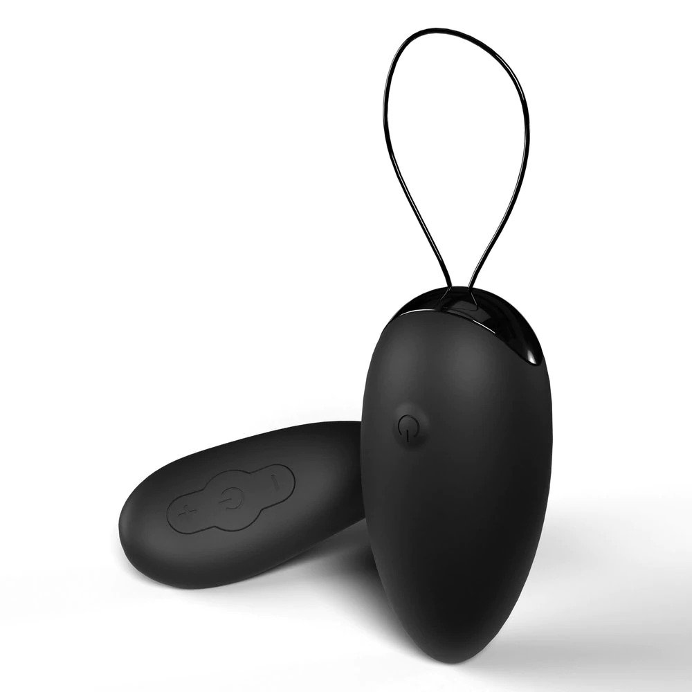 A vibrating egg made with black silicone is featured along with a remote made with black silicone.