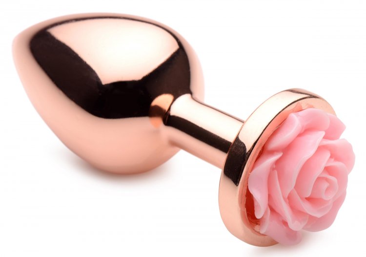 Rose Gold Butt Plug with Pink Rose design is featured with a white blank background.