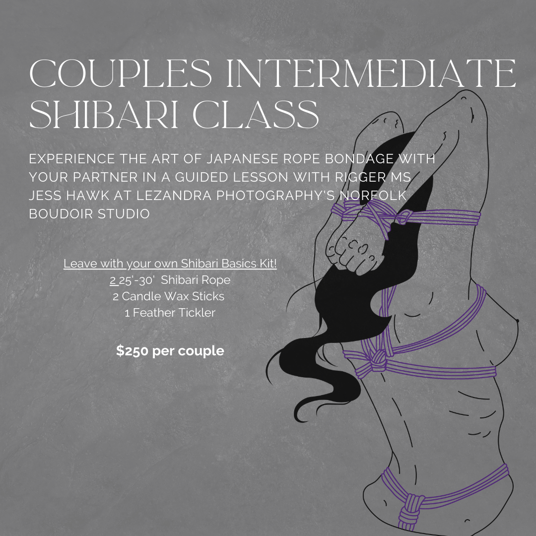 Shibari 201 Classes at LeZandra Photography in Norfolk, Virginia. Image features a woman bound in purple bondage rope around her waist, upper torso, and arms with her arms raised above her head and bound around her wrists.